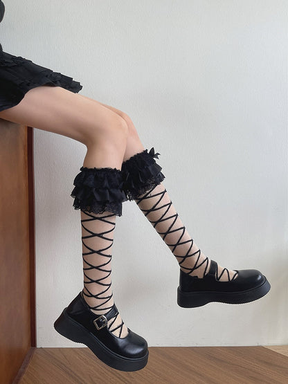 White/Black Bowknot Details Crisscorss Banded Underknee Stockings