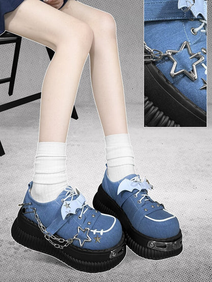 Star-shaped Studs and Chains Gothic Blue Bat Wings Platforms Punk Shoes