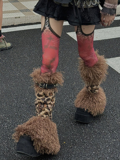 Brown Leopard Stud Buckle Straps Shaggy Leg Warmers