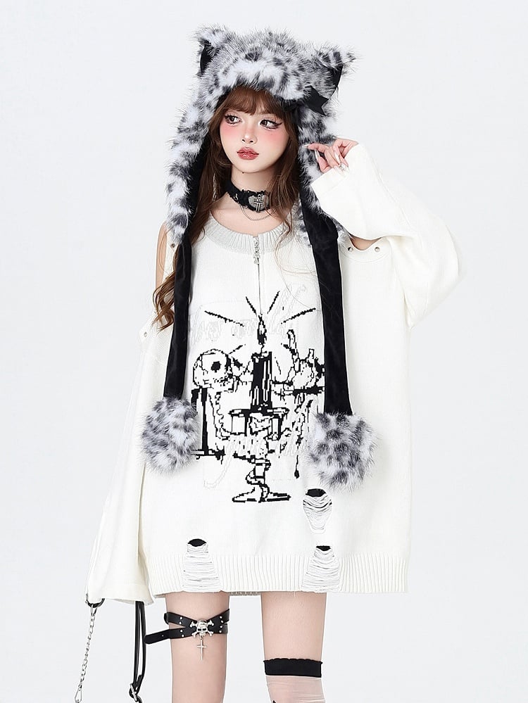 White Punk Cutout Shoulder Distressed Sweater with Studs