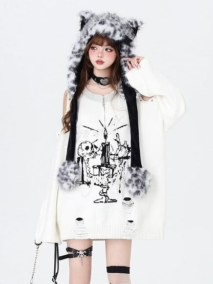 White Punk Cutout Shoulder Distressed Sweater with Studs