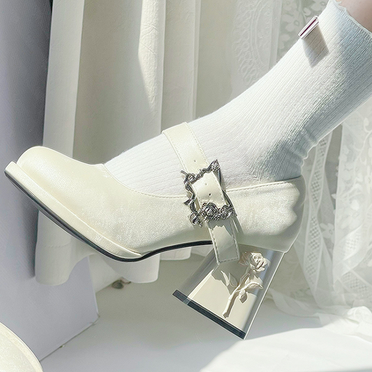 Matte White Butterfly Buckle 7cm Floral High Block Heel Hime Lolita Mary Janes