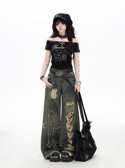 Y2K Cross Applique Blue Distressed Holes Vintage Wide-Leg Jeans
