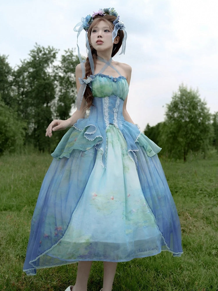 Sky Blue Fairy Oil Painting Print Tiered Flounce Hem Halter Boned Corset Top