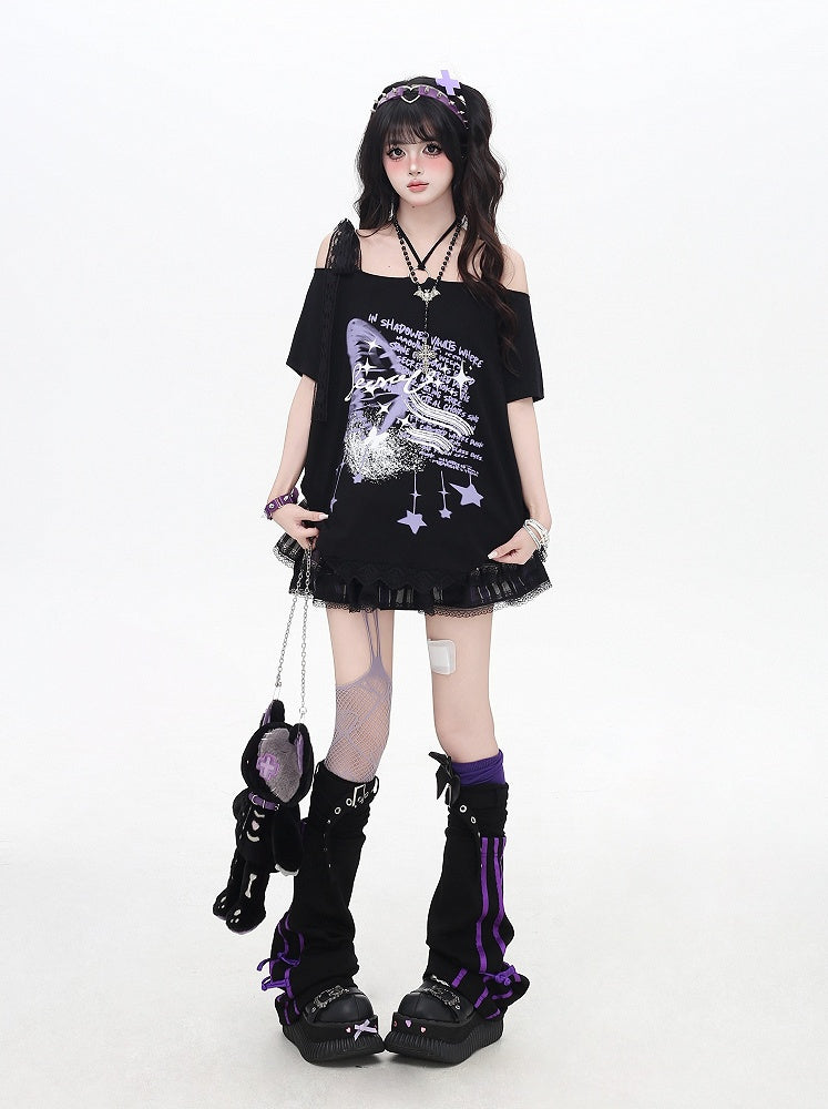 Black Off-the-shoulder Neckline Loose Graphic T-shirt