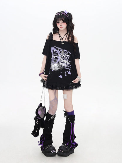 Black Off-the-shoulder Neckline Loose Graphic T-shirt