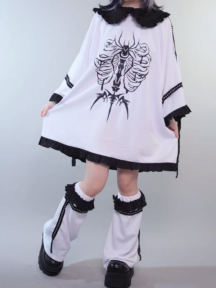 White&Black Jirai Kei Peter Pan Collar Insect Print Ruffles Trim T-shirt With Studs Decorated Leg Warmers