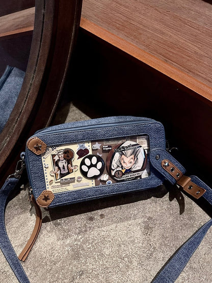 Denim Blue & Brown Star Stud Detail Ita Bag