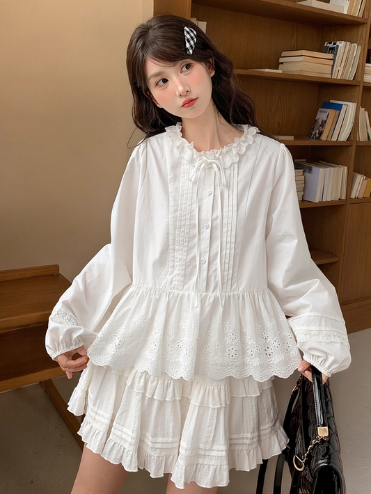 Self-tie Ruffle Neckline White Pleating Details Lace Hem Blouse