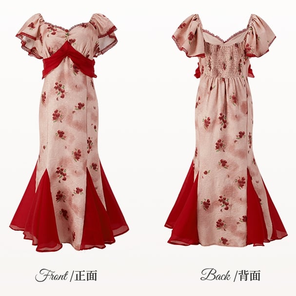 Plus Size Mesh Patchwork Hem Red Rosette Print Dress Mermaid Skirt