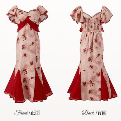 Plus Size Mesh Patchwork Hem Red Rosette Print Dress Mermaid Skirt