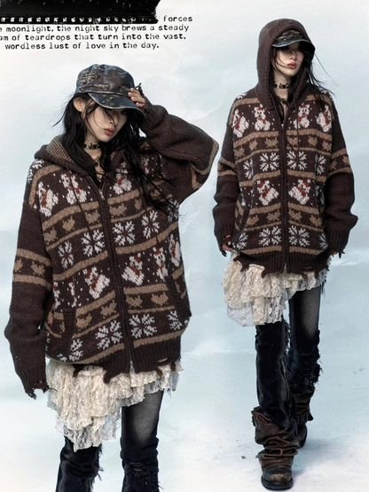 2024 Christmas Black/Brown Mohair Hooded Sweater