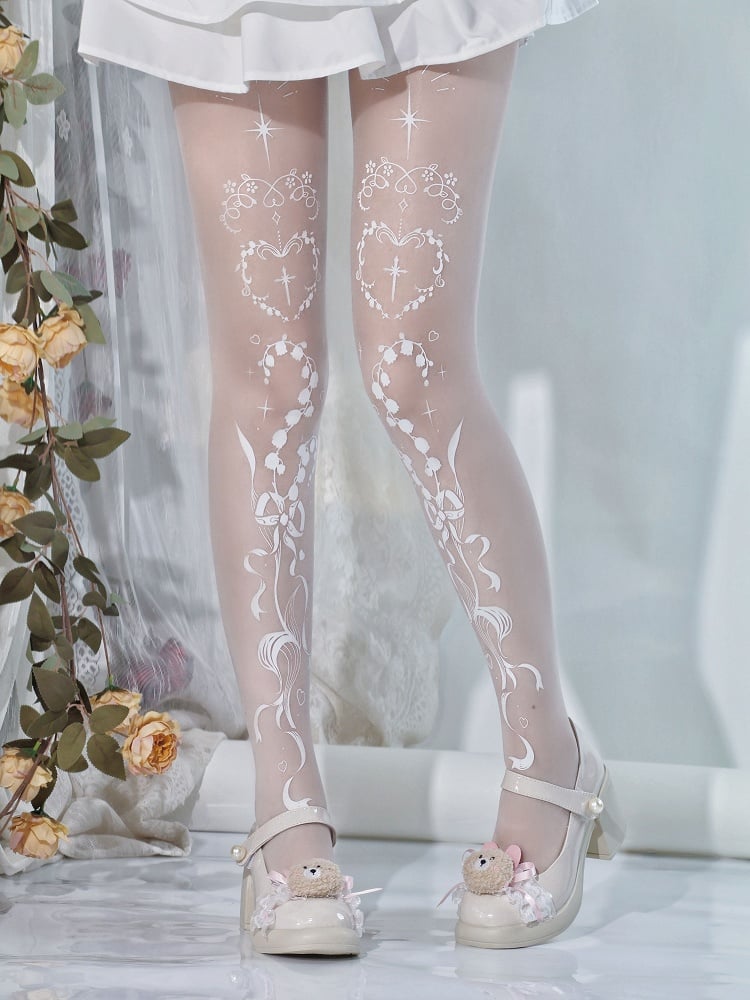 Lily of the Valley and Cross Print Shiro Gothic Lolita Tights