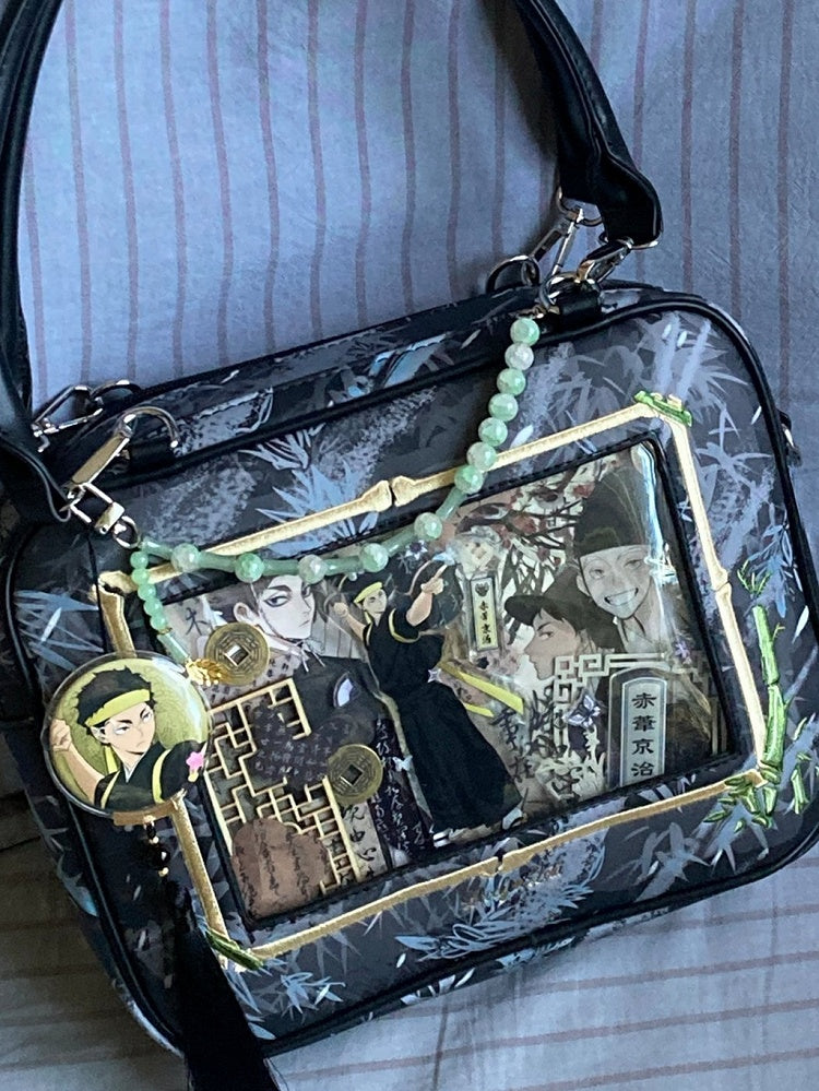 Black Bamboo Leaf Pattern Cheongsam Style Ita Shoulder Bag with Detachable Beaded Chain