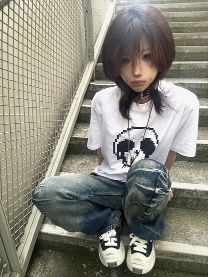 Black/White Round Neck Pixel Skeleton Print Cotton T-Shirt