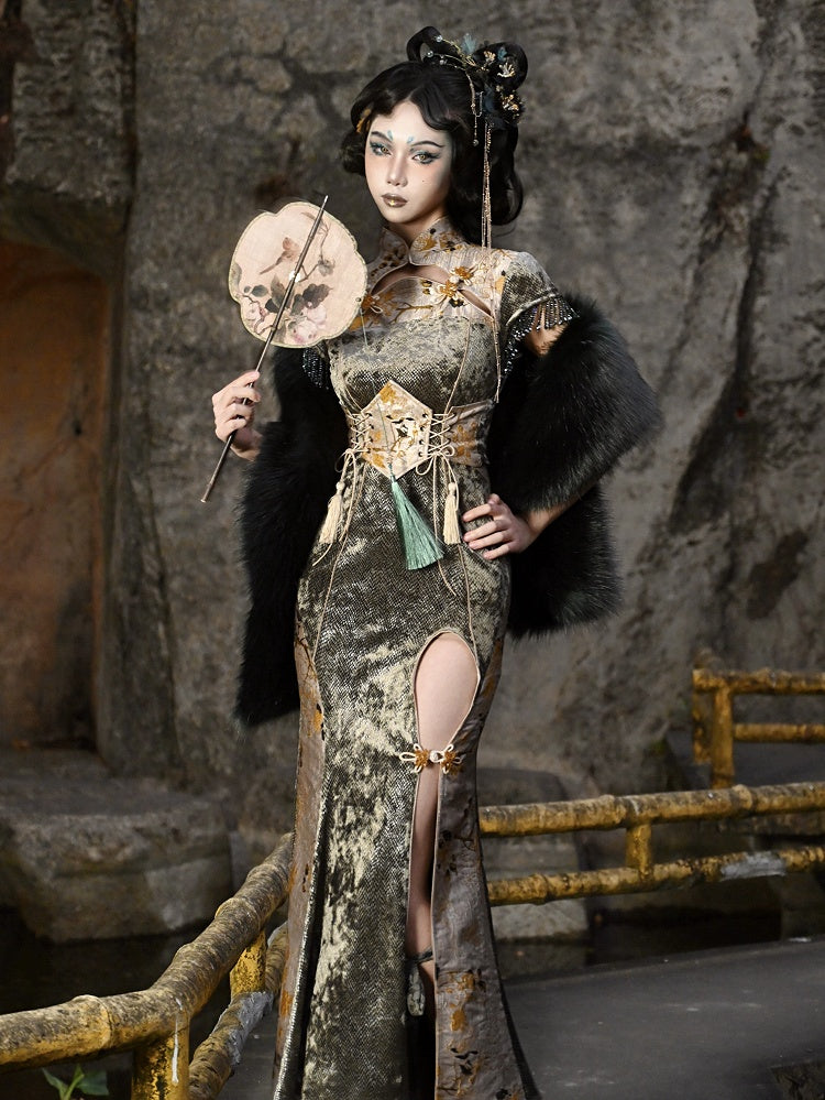 Cheongsam Collar Gothic Thigh-high Slit Qipao Dusty Green and Yellow