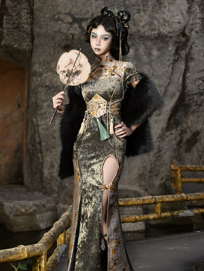Cheongsam Collar Gothic Thigh-high Slit Qipao Dusty Green and Yellow