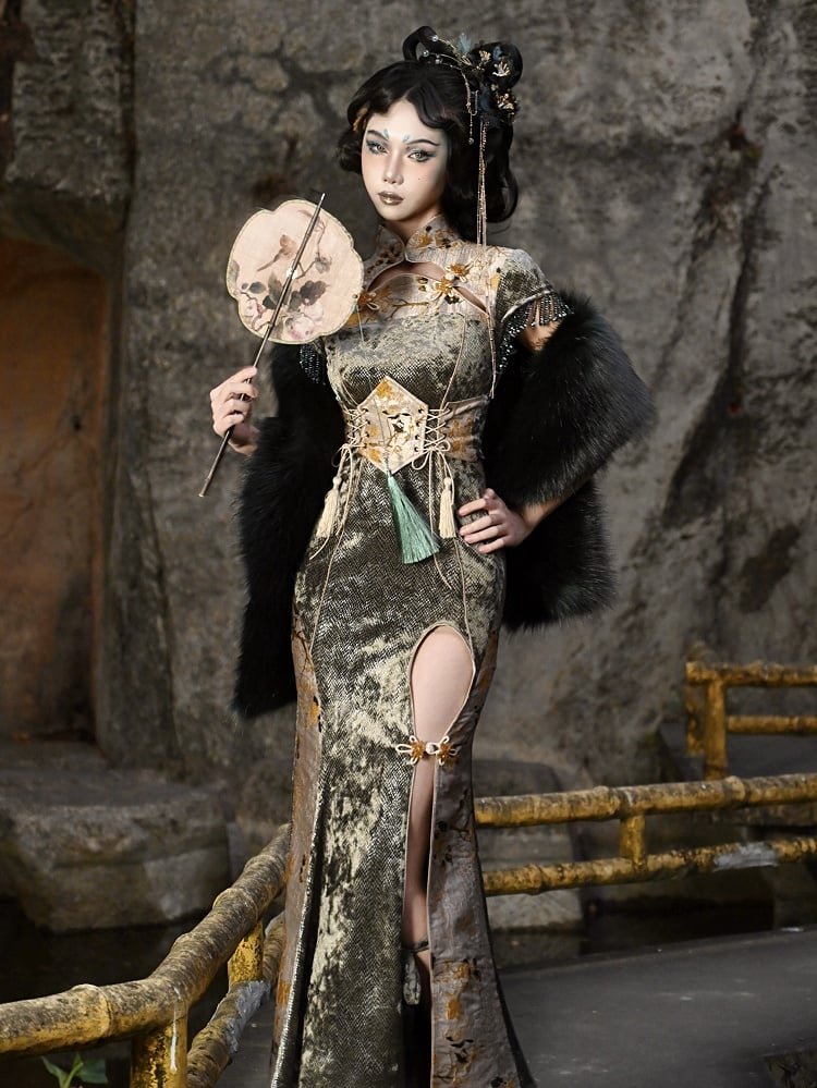 Cheongsam Collar Gothic Thigh-high Slit Qipao Dusty Green and Yellow