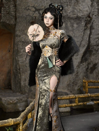 Cheongsam Collar Gothic Thigh-high Slit Qipao Dusty Green and Yellow