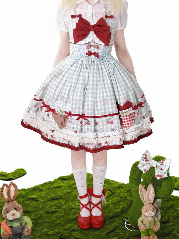 Red Cherry Print Blue Gingham Dress Sweet Lolita Jumper Skirt