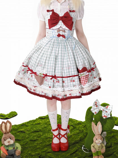 Red Cherry Print Blue Gingham Dress Sweet Lolita Jumper Skirt
