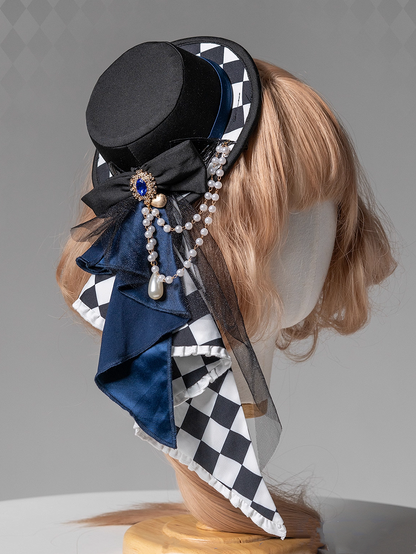 Ouji Lolita Dark Blue/Brown/Purple Checked Pattern Mini Hat with Beaded Chains