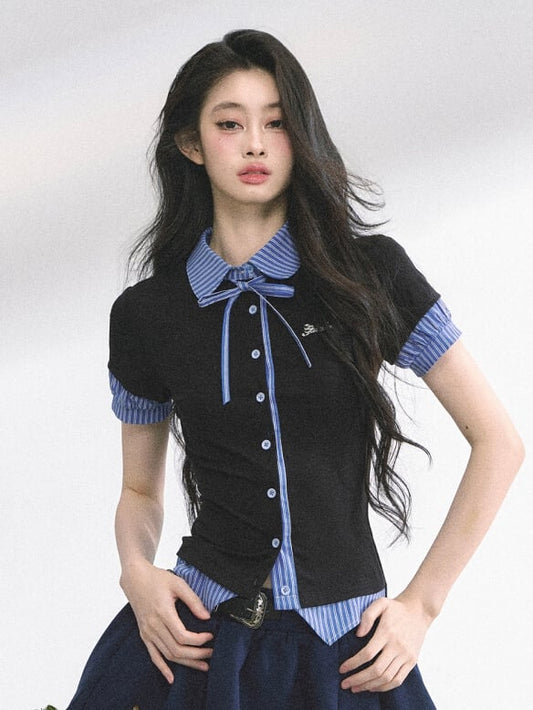 Black and Blue Stripes Preppy Style T-shirt Faux Two-pieces