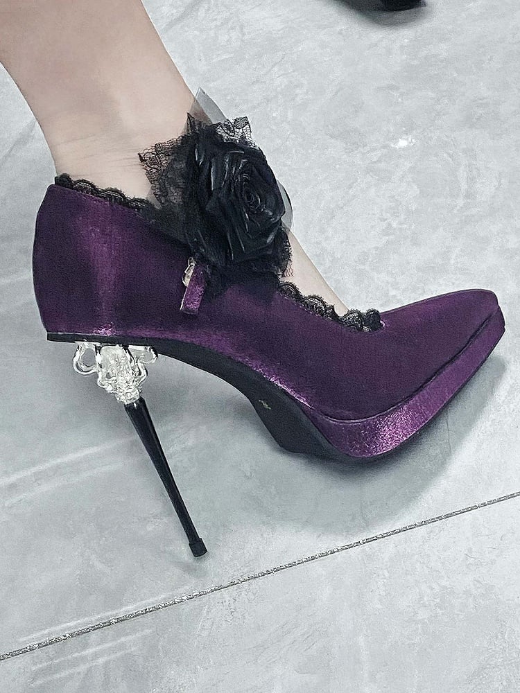 Purple Gothic Floral Decorated Pointed Toe Satin High Heels