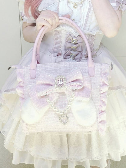 Pink Elegant Lolita Shoulder/Crossbody/Handbag - Plush Bunny Ear Bow, Rhinestone Heart & Beaded Chain Charm