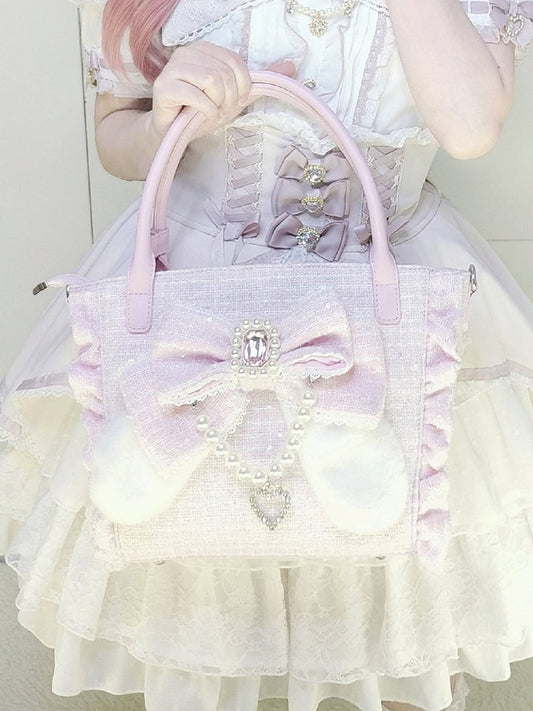 Pink Elegant Lolita Shoulder/Crossbody/Handbag - Plush Bunny Ear Bow, Rhinestone Heart & Beaded Chain Charm