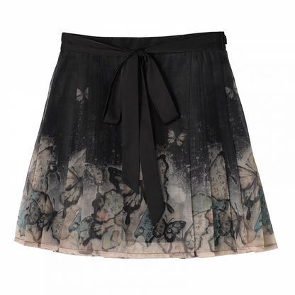 Cheongsam Style Butterfly Print Black Horse-Face Pleated Skirt Long/Short Version
