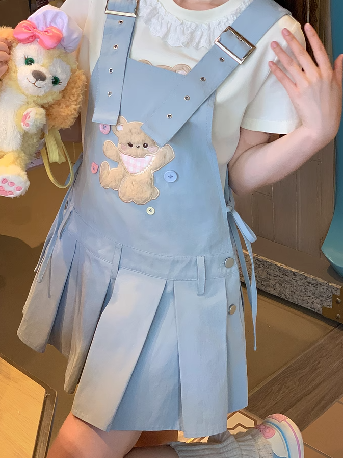 Plush Bear Applique Blue Box Pleat Overall Dress Adjustable Shoulder Straps