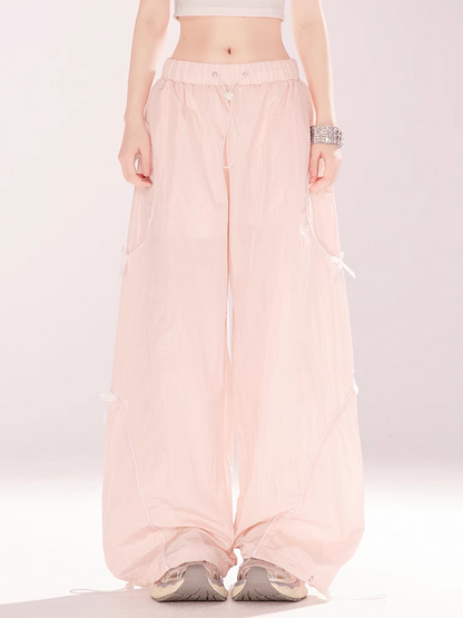 Pink Drawstring Waist and Cuffs Bowknot Details Wide-leg Casual Pants