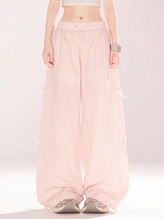 Pink Drawstring Waist and Cuffs Bowknot Details Wide-leg Casual Pants