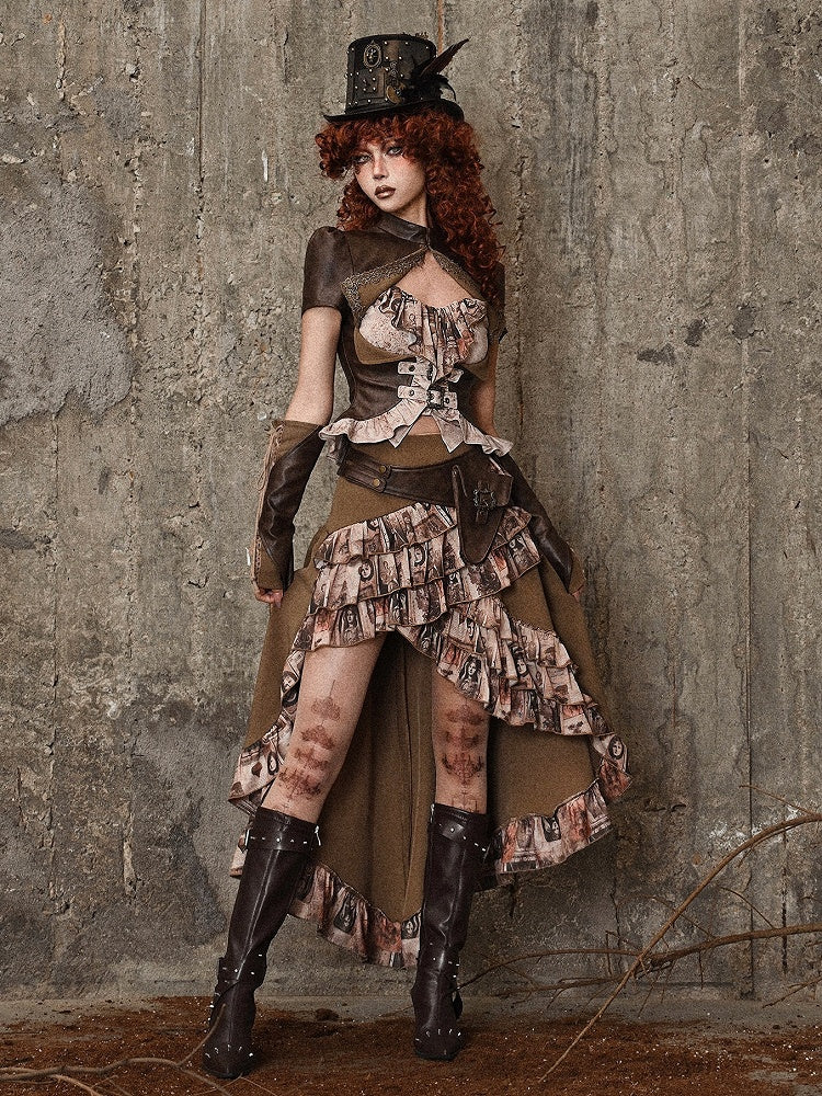Brown Steampunk Retro Oil Painting Print High-low Skirt Cascading Ruffle Trim