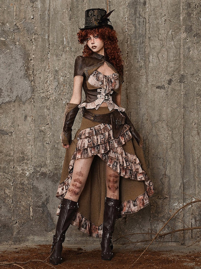 Brown Steampunk Retro Oil Painting Print High-low Skirt Cascading Ruffle Trim