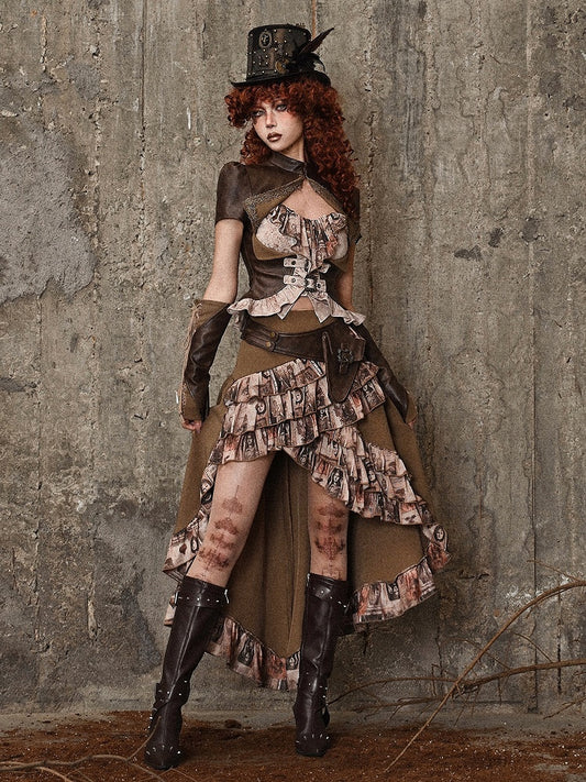 Brown Steampunk Retro Oil Painting Print High-low Skirt Cascading Ruffle Trim