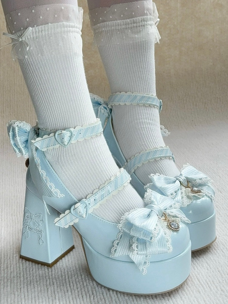 Platform Sophisticated Blue High Block Heels - PU Leather with Heel Stitching Bow, Sparkling Details & Striped Straps