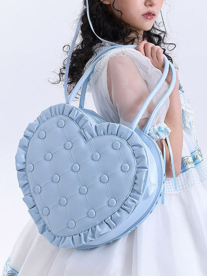 Lolita Heart-Shaped Blue Handbag with Diamond Quilting and Frilly Ruffle Edges