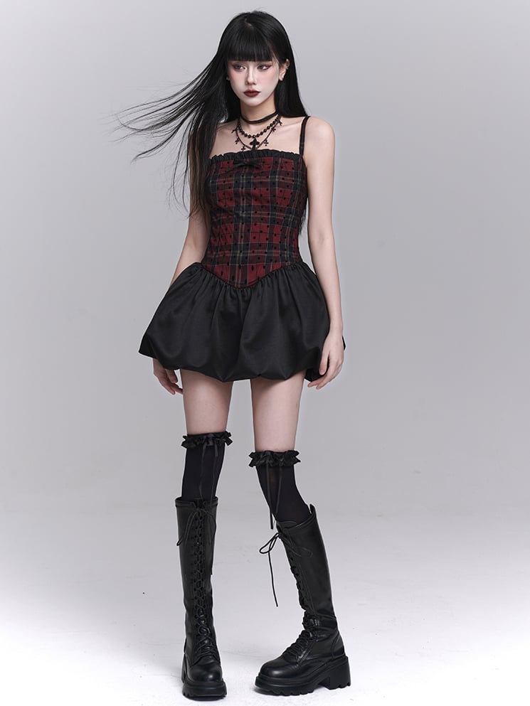 Red Plaid Basque Waist Mini Bubble Skirt Cami Dress