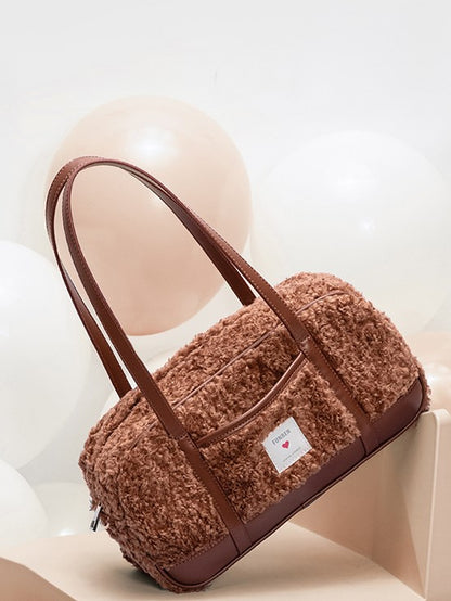 Brown Faux Teddy Fur Baguette Bag with Heart Tag