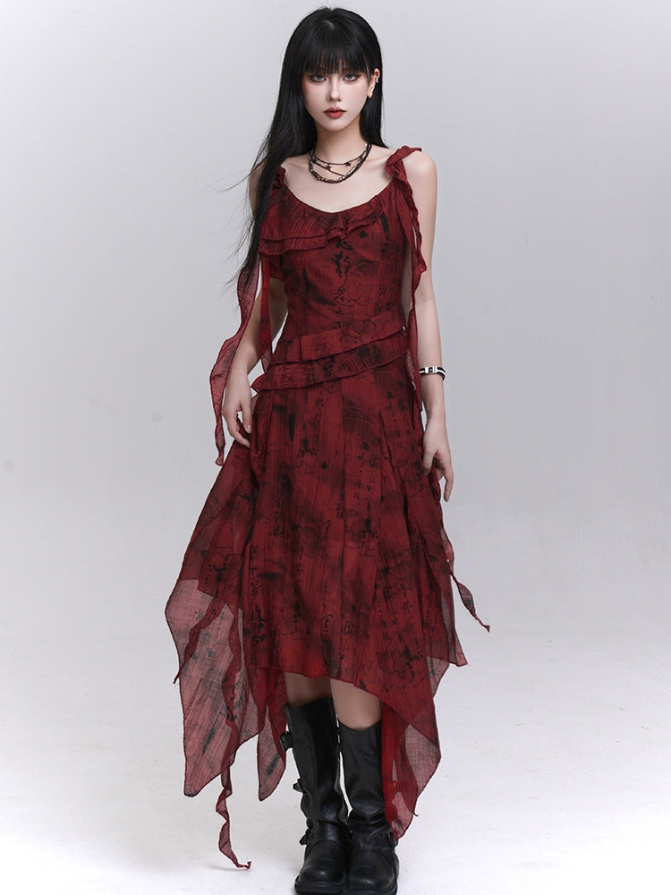 Red Cascading Ruffles Handkerchief Hem Sleeveless Dress