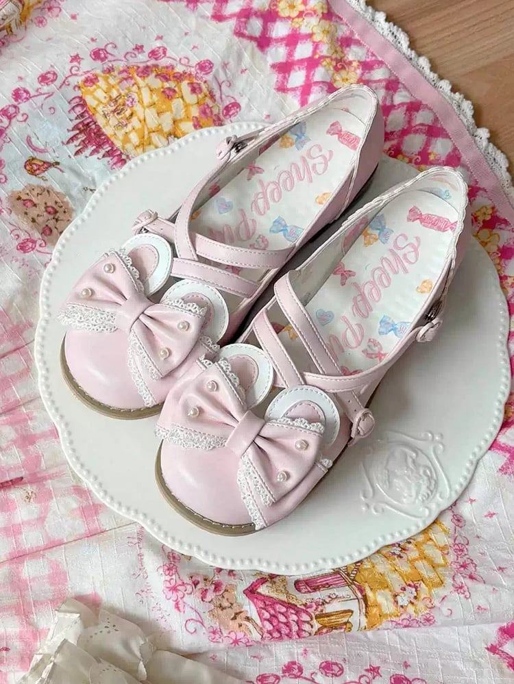Pink Beaded Decorated Bow at Top Crisscross Design Bunny Ear Lolita Shoes