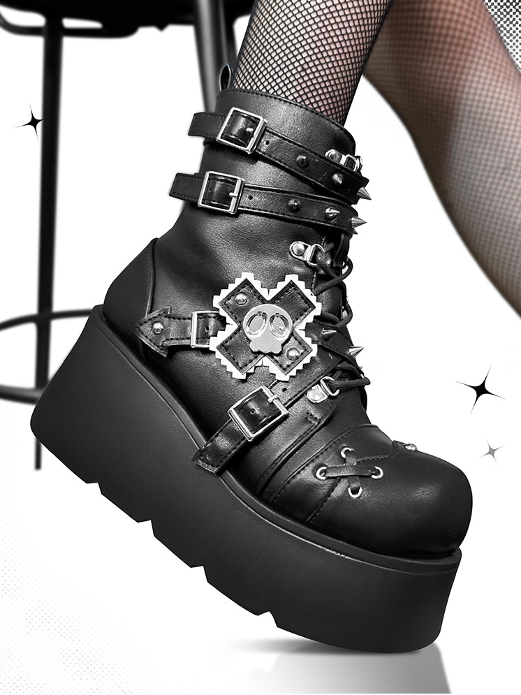Metal Skull Matte Black Punk Wedge Platform Boots Spike Stud Detailing