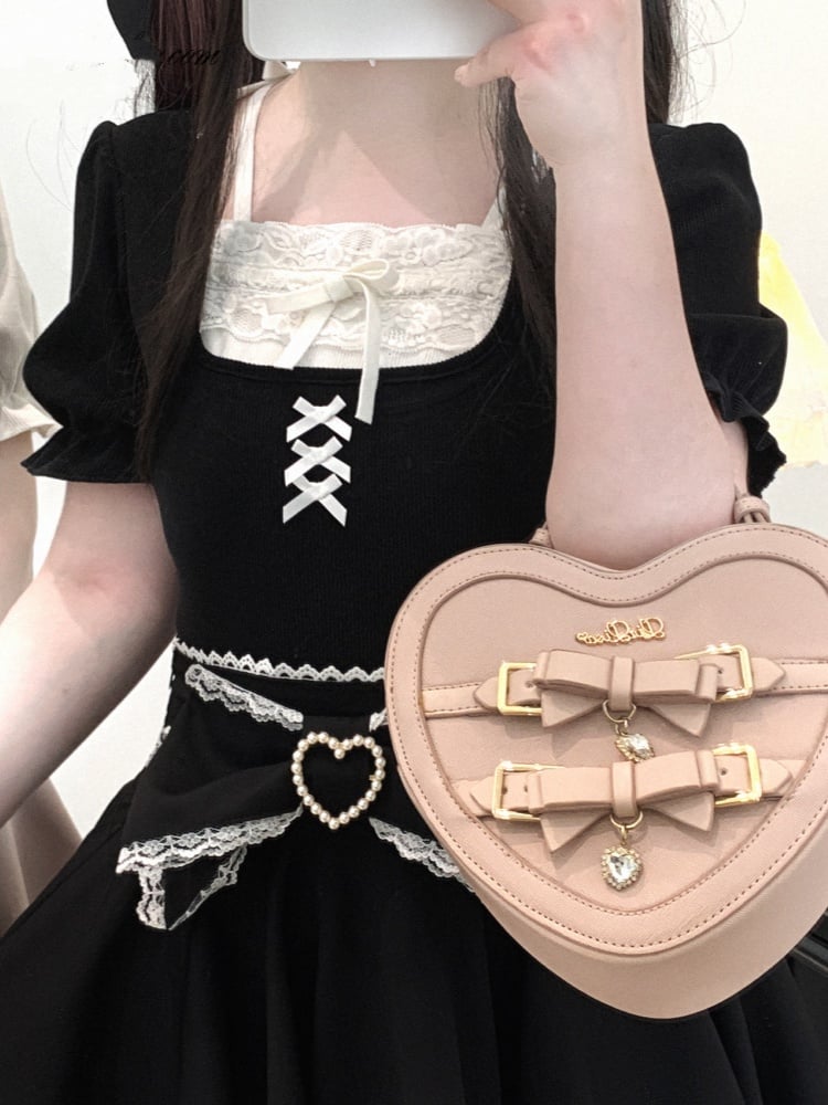 Jirai Kei Pink/White/Black Lace Trim Bowknot Details Puff Sleeves Blouse