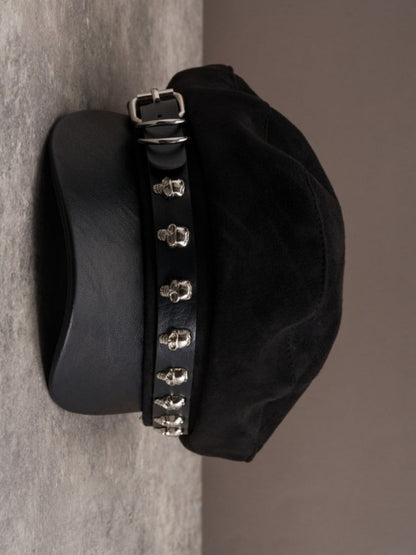 Black Gothic Skeleton Decorated Buckle Design Beret Hat