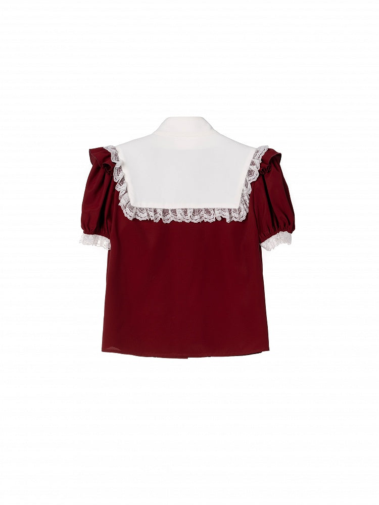 Dark Red Jirai Kei Puff Short Sleeves Blouse with White Separated Collar
