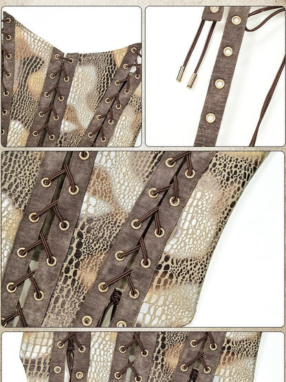Brown Wasteland Punk Lace-up Detail Snakeskin Pattern Tube Top