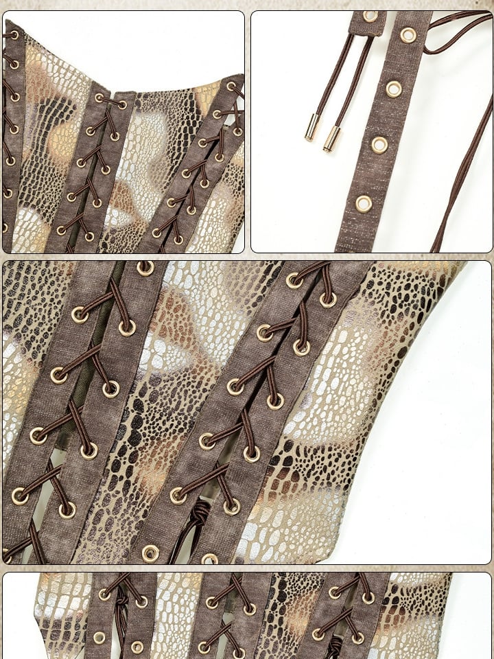 Brown Wasteland Punk Lace-up Detail Snakeskin Pattern Tube Top