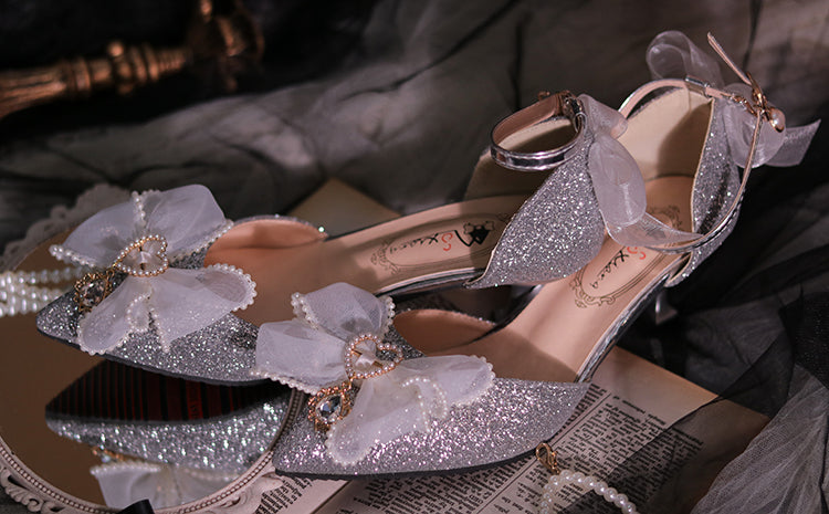 Silver & White Beaded Bowknot Accents Pointed Toe Hime Lolita Middle Heels
